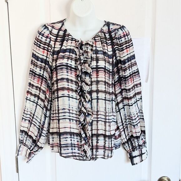 Parker Silk abstract pattern jabea ruffle collar blouse size XS @Z - Picture 3 of 10